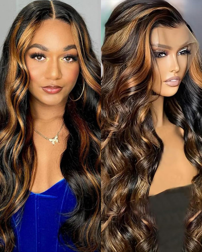 Arabella 360 Full Lace Glueless Auburn Highlights on Black Hair Body Wave Wig Invisi Drawstring Pull & Go