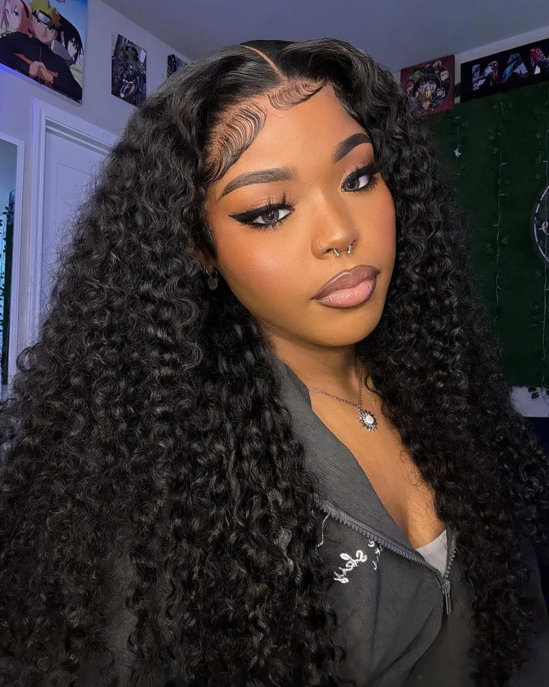 Arabella 13x4 Frontal Lace Jerry Curly Wig Invisible Knots Natural Black Realistic Hairline