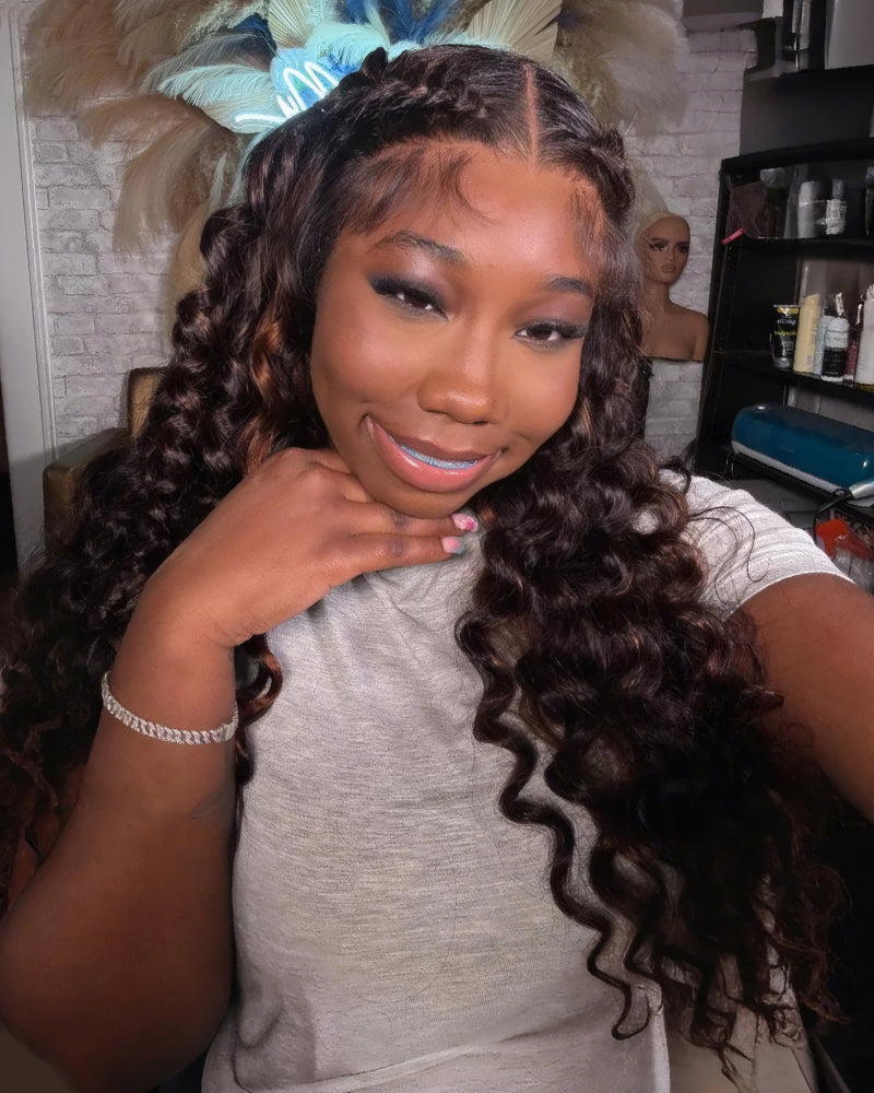 Arabella 6x5 invisible knots Glueless Auburn Highlights on Black Hair Loose Deep Wave Wig Pre-cut Lace