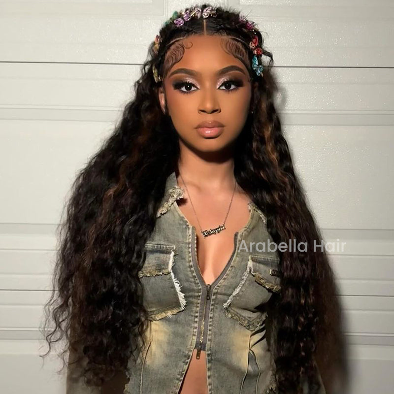 Arabella 13x4 Frontal Lace Auburn Highlights on Black Hair Loose Deep Wave Wig Invisible Knots Realistic Hairline