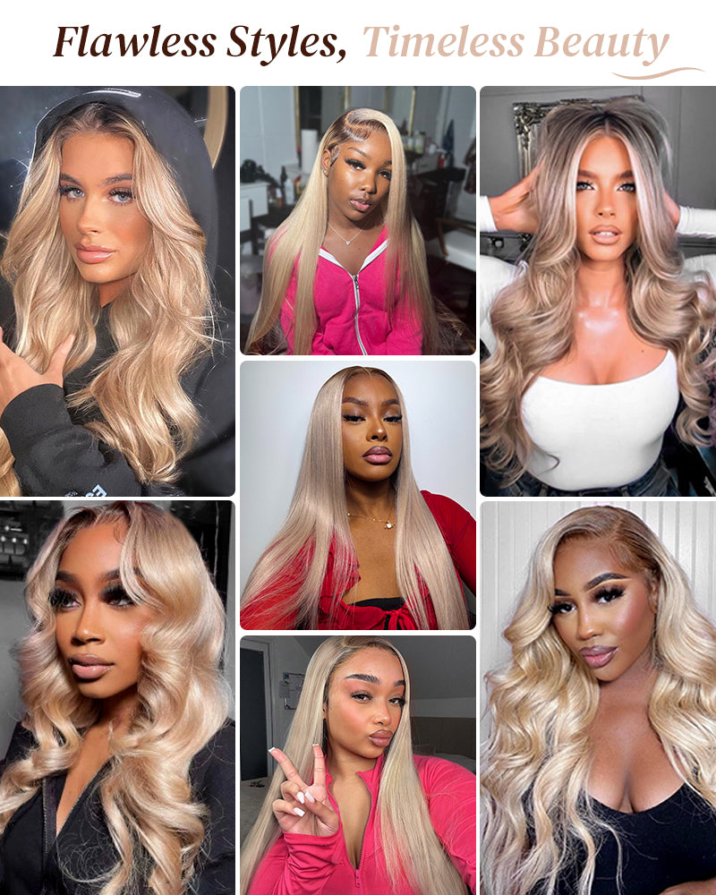 Arabella 13x6 Pre-All Glueless Ash Blonde Ombre Loose Body Wave/Silky Straight Wig Invisible Knots Realistic Hairline
