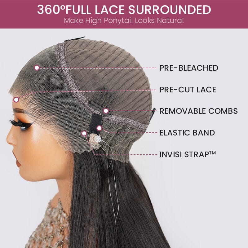 【$299 = 2 WIGS】Arabella 360 Full Lace Glueless Silky Straight Wig Invisi Drawstring Natural Black Pull & Go