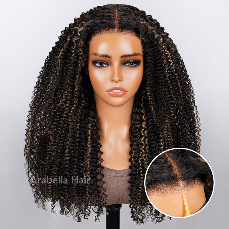 Arabella 6x5 invisible knots Glueless Honey Blonde Highlights On Black Kinky Curly Wig Pre-cut Lace Beginner Friendly