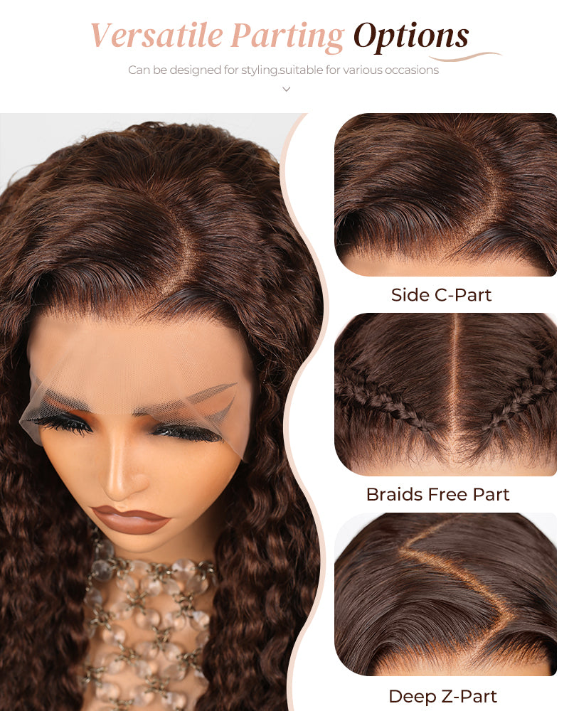 Arabella 13x4 Frontal Lace & 6x5 Invisible Knots Glueless Chocolate Brown Water Wave Wig Invisible Knots Realistic Hairline