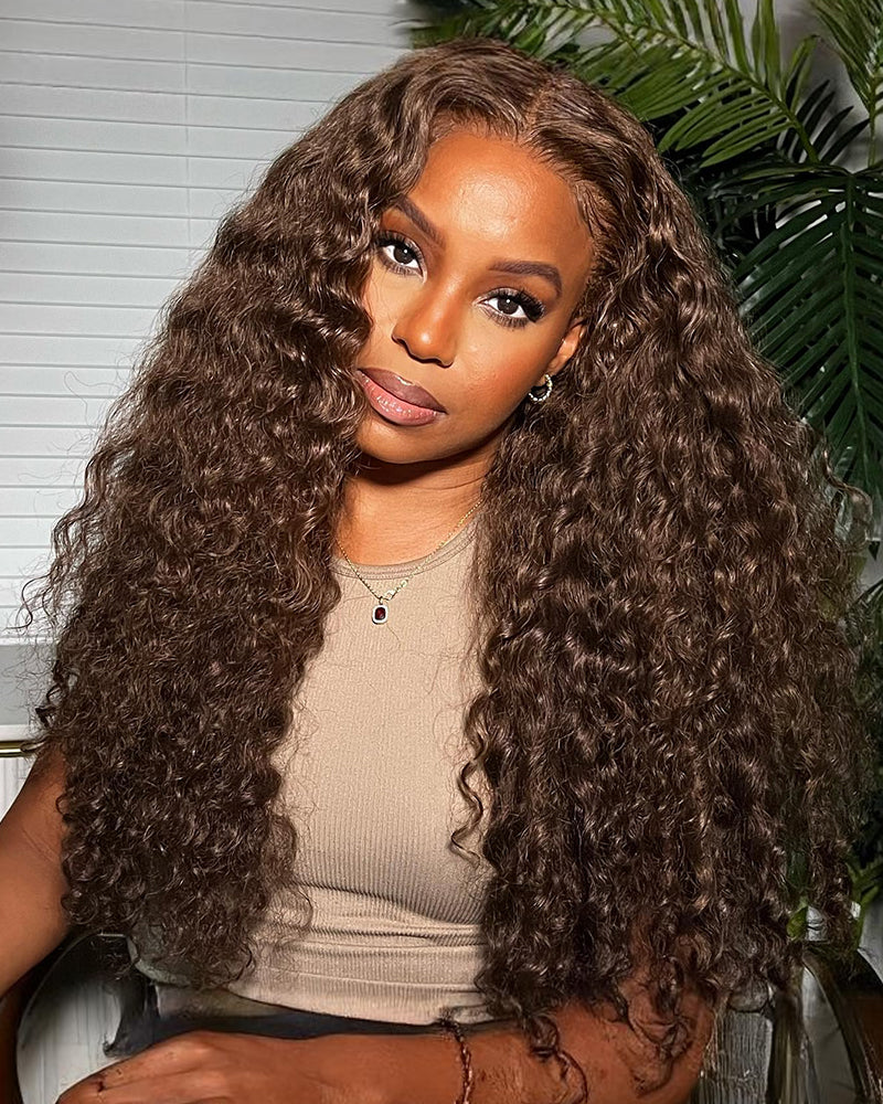 Arabella 13x4 Frontal Lace & 6x5 Invisible Knots Glueless Chocolate Brown Water Wave Wig Invisible Knots Realistic Hairline