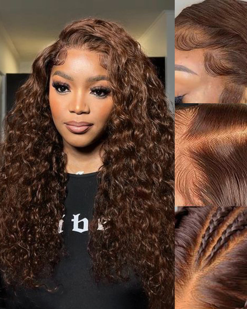 Arabella 13x4 Frontal Lace & 6x5 Invisible Knots Glueless Chocolate Brown Water Wave Wig Invisible Knots Realistic Hairline
