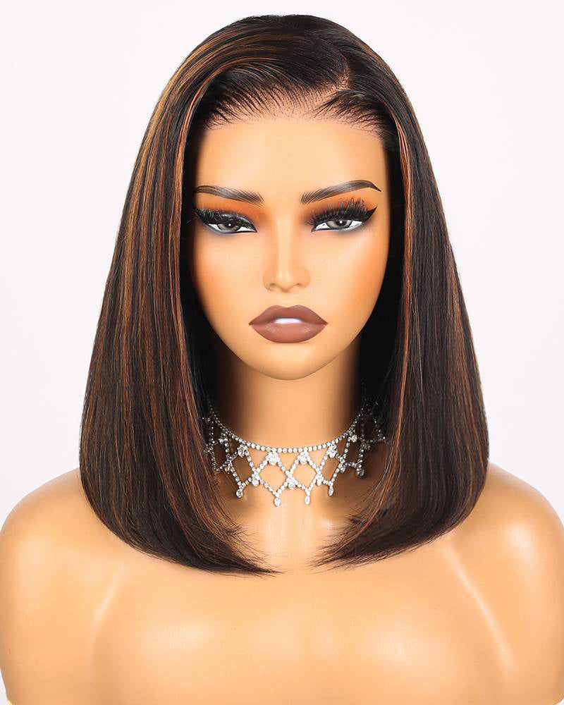 Arabella $89 Final Deal Price 13x4/6x5 Lace Auburn Highlights On Black/Balayage Highights/Blonde Straight Bob Wig 14" 6x5 Lace Auburn Highlights On Black