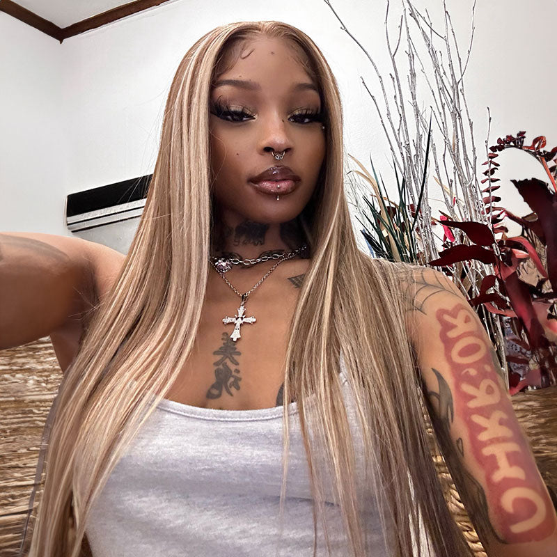 00013x4 Lace Front Mixed Brown & Blonde Color Straight Human Hair Wig