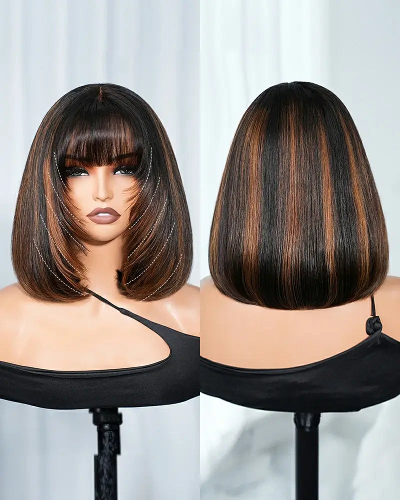 Arabella 6x6 Lace Straight Bob Wig Invisible Knots Natural Black with Bangs Glueless Beginner Friendly