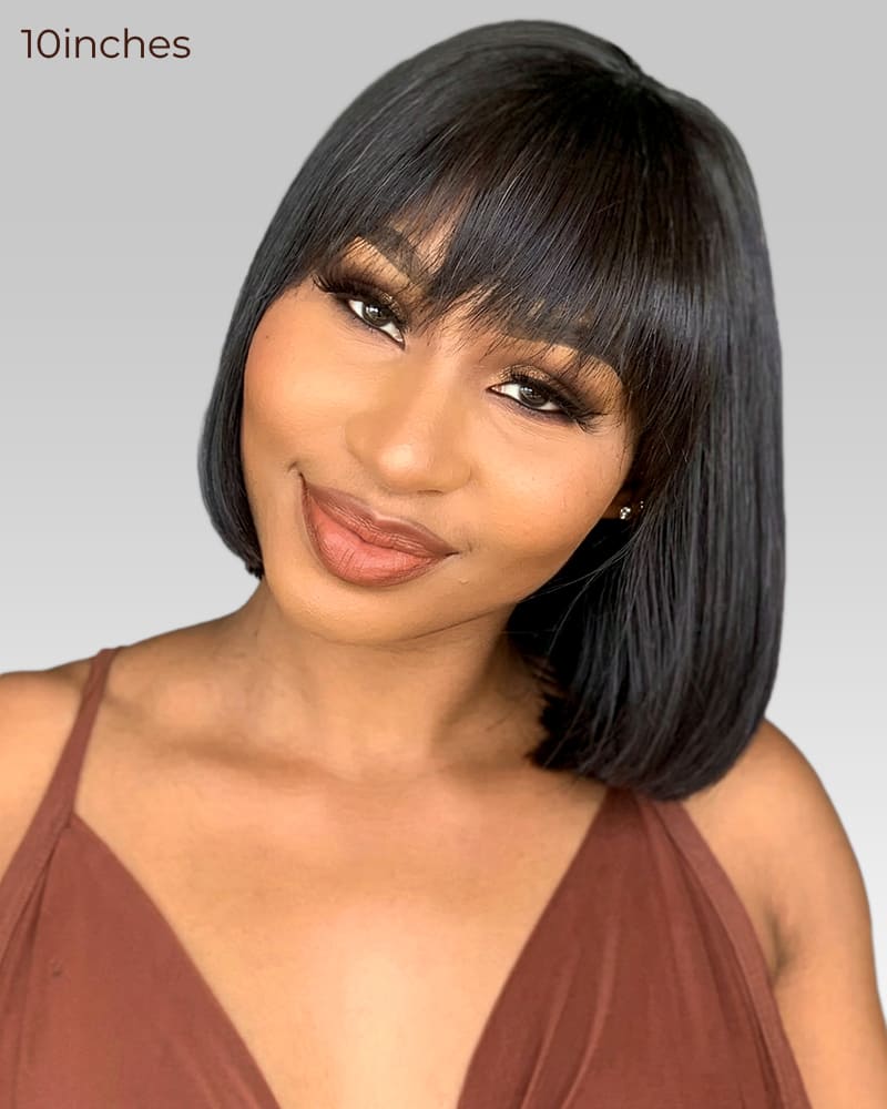 Arabella 6x6 Lace Straight Bob Wig Invisible Knots Natural Black with Bangs Glueless Beginner Friendly