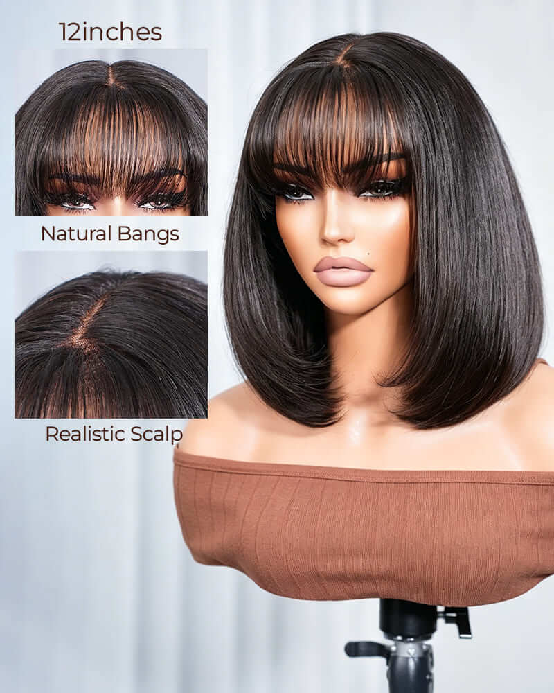 Arabella 6x6 Lace Straight Bob Wig Invisible Knots Natural Black with Bangs Glueless Beginner Friendly