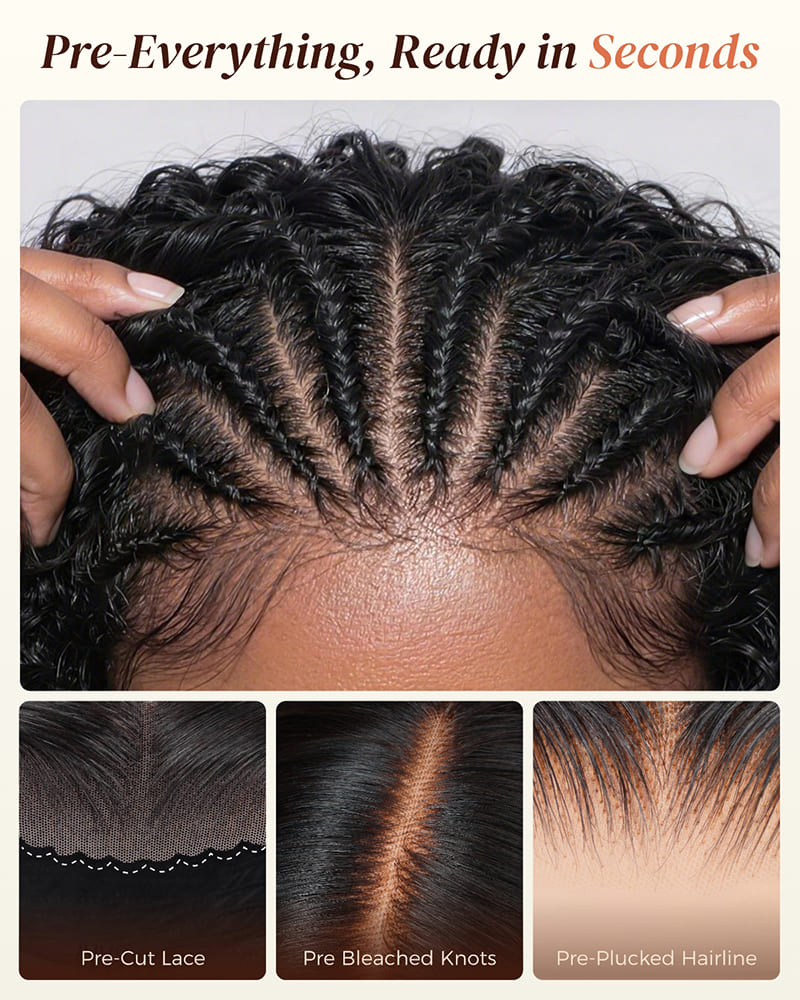 Arabella Boho Cornrow Braids 13x5 Lace Frontal Jerry Curly Bob Wig With Pre-Cut Lace Invisible Knots Natural Black Virgin Hair Wig