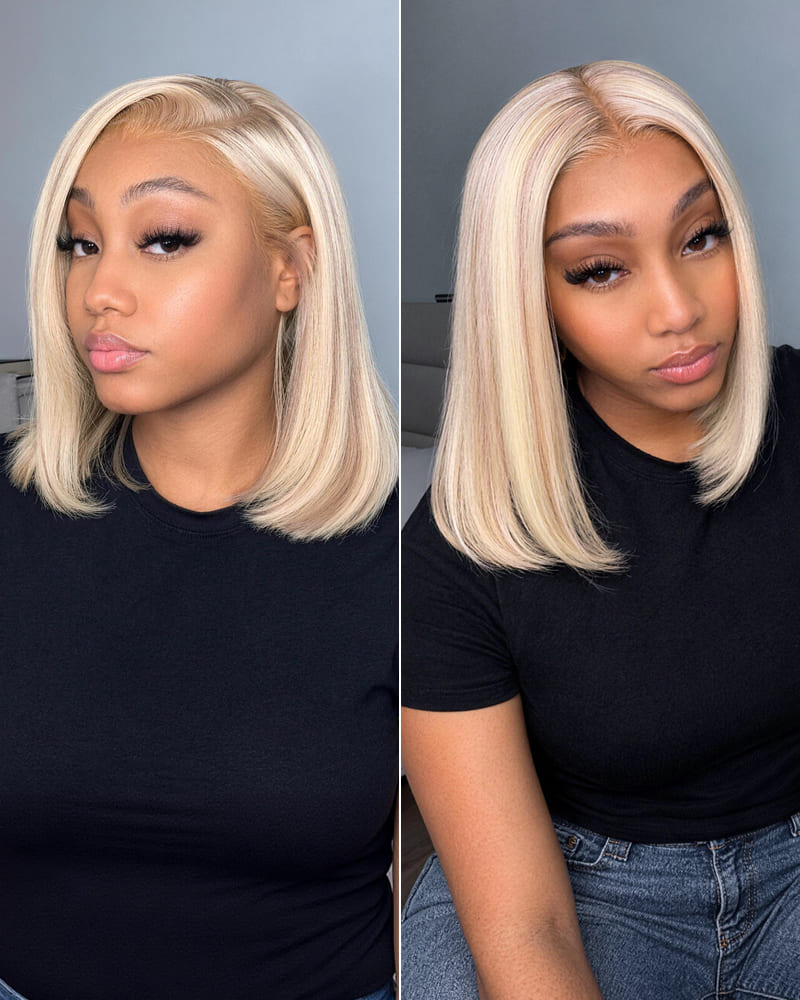 Arabella 6x5 Invisible Knots Glueless Blonde Highlight Straight Bob Wig Pre-cut Lace Beginner Friendly