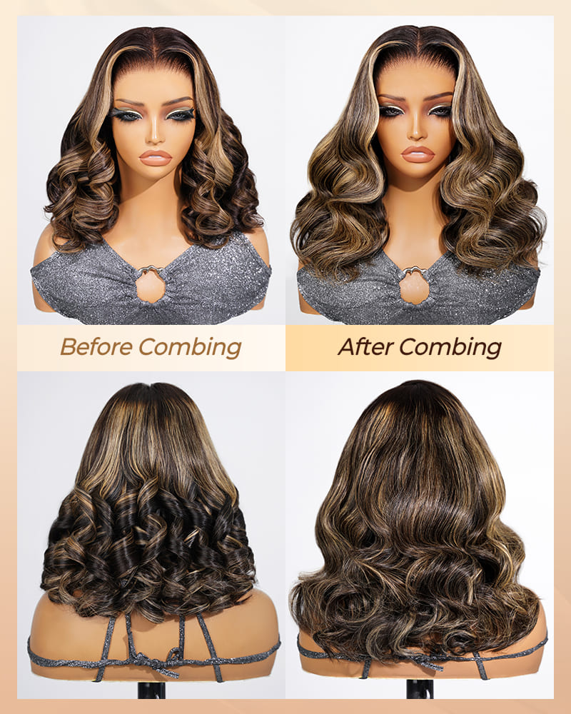 Before Combing vs. After Combing: loose body wave Ombre platinum blonde balayage human hair wig
