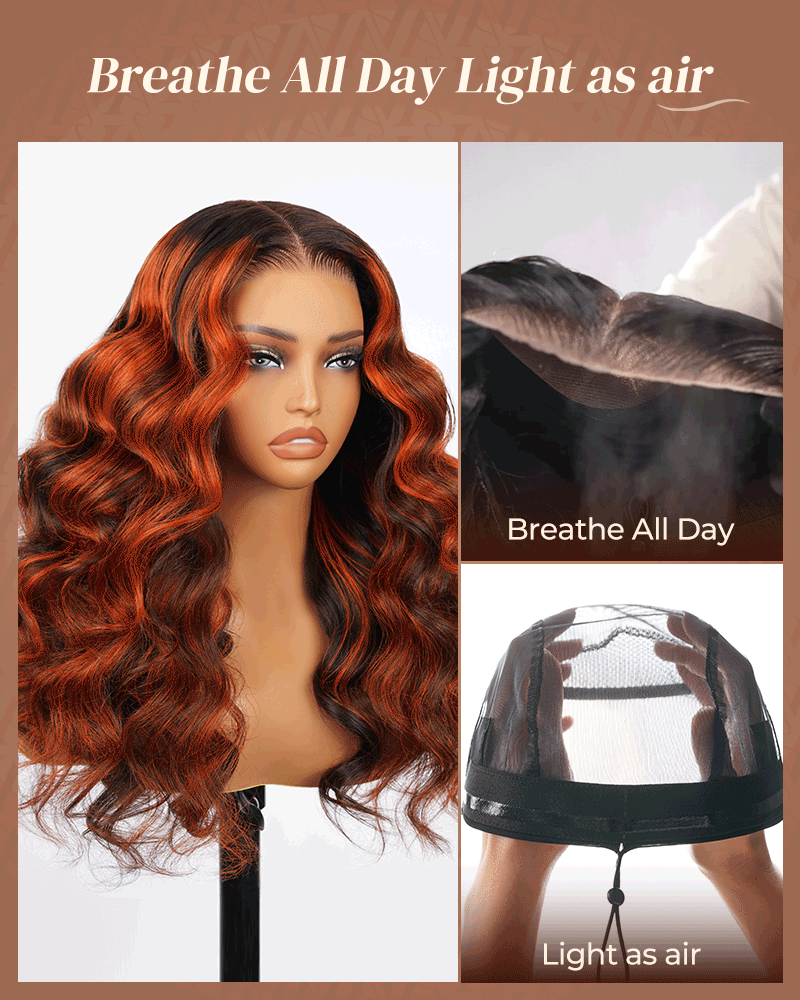 000Value Set | Arabella 13x6 Three-Go™ Auburn Highlights Brown Hair Glueless Wig Loose Body Wave With Drawstring