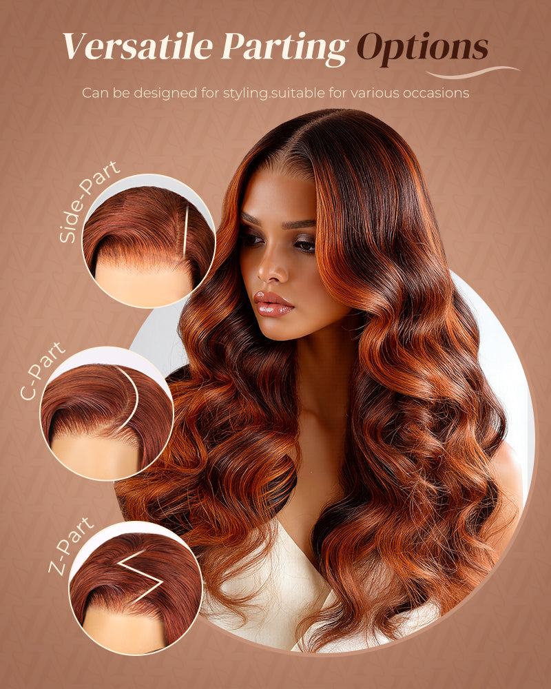 000Value Set | Arabella 13x6 Three-Go™ Auburn Highlights Brown Hair Glueless Wig Loose Body Wave With Drawstring