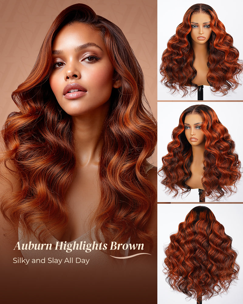 000Value Set | Arabella 13x6 Three-Go™ Auburn Highlights Brown Hair Glueless Wig Loose Body Wave With Drawstring