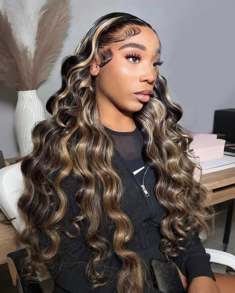 Arabella 6x5 invisible knots Glueless Balayage Highlight Colored Wig Loose Deep Wave Wig Pre-cut Lace Beginner Friendly