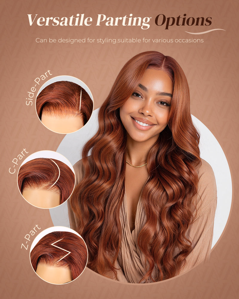 Arabella 13x6 Three-Go™ human hair wig—ginger glueless, versatile part styling