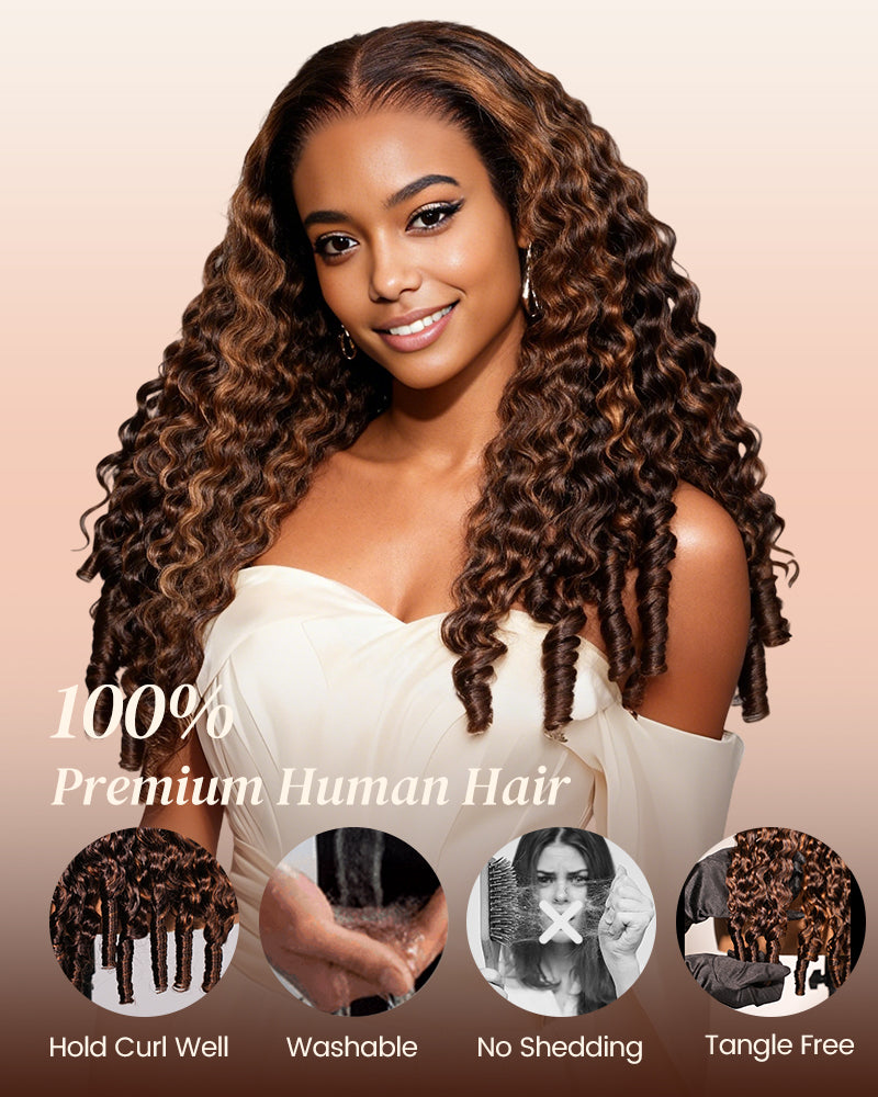 Dark Brown With Highlights Water Wave With Finger Coil Ends Wigs