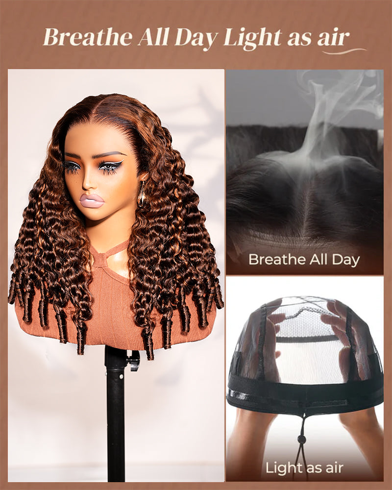 Dark Brown With Highlights Water Wave With Finger Coil Ends Wigs