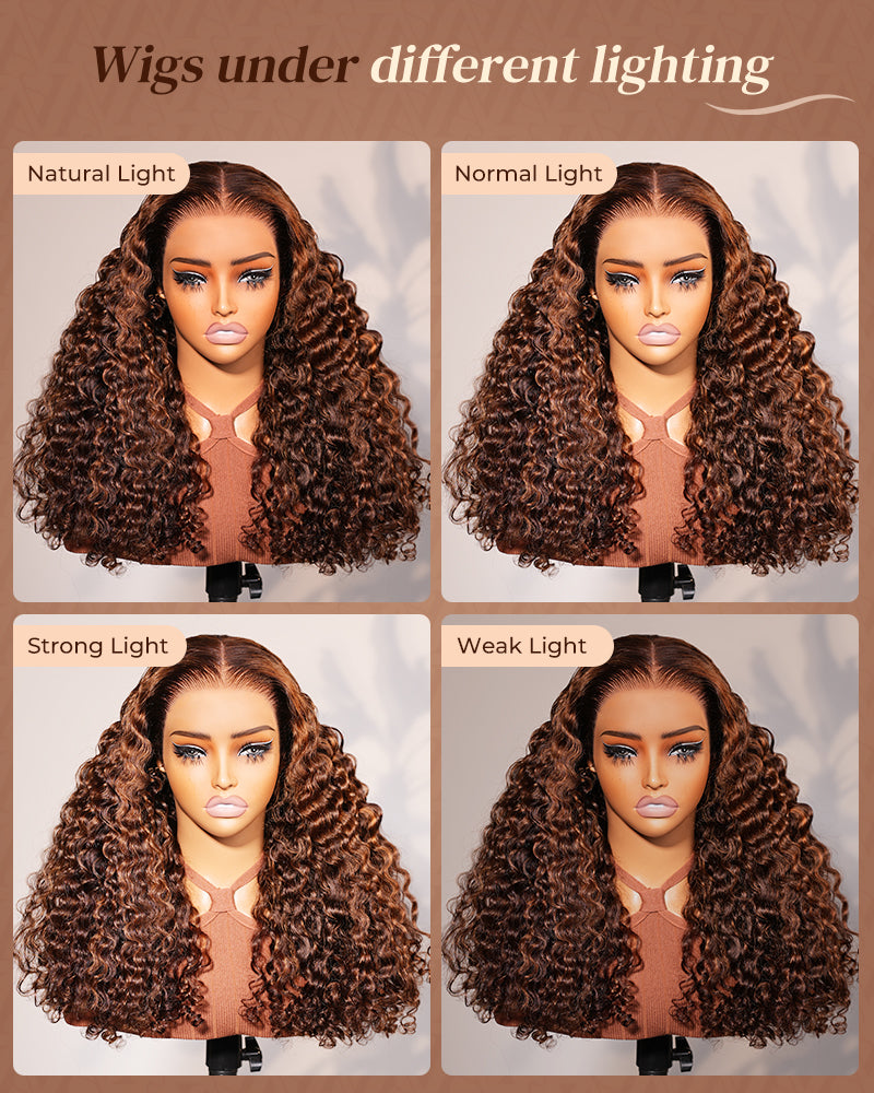 Dark Brown With Highlights Water Wave With Finger Coil Ends Wigs