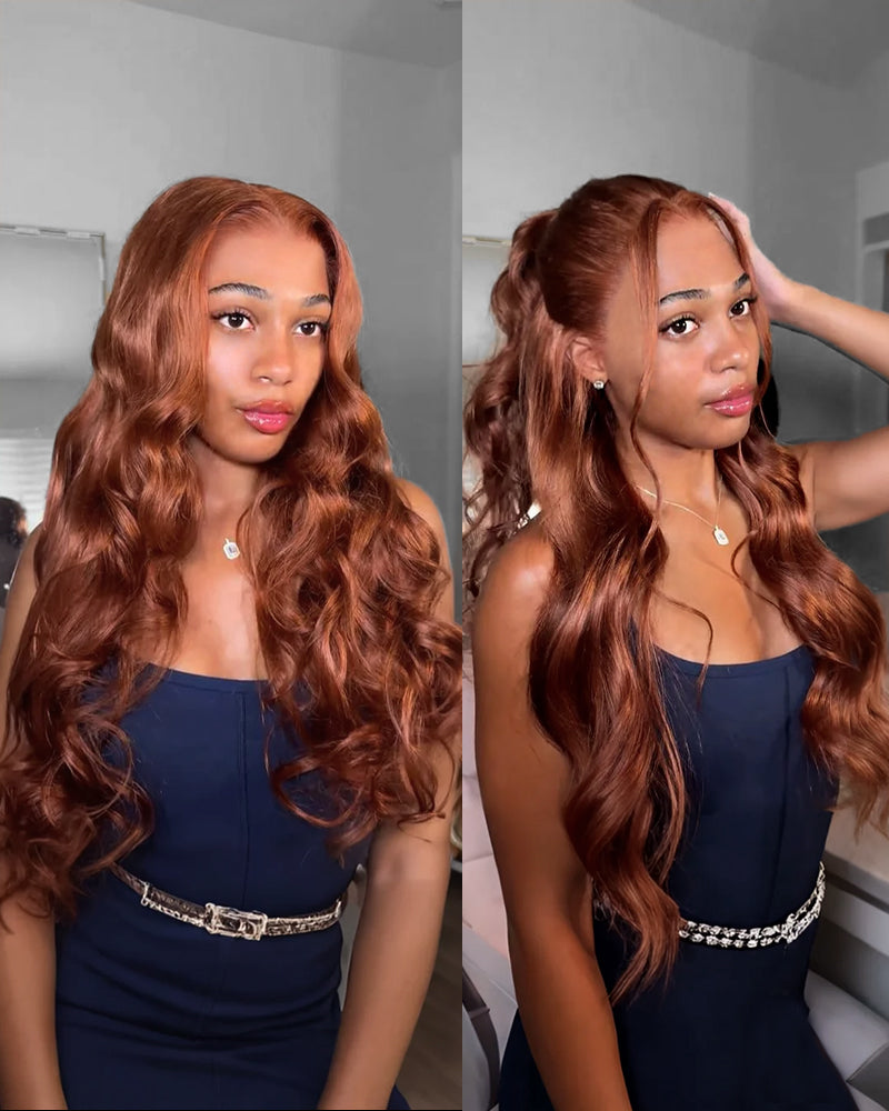 Arabella human hair wig—loose body wave curls and half-up style, ginger shade