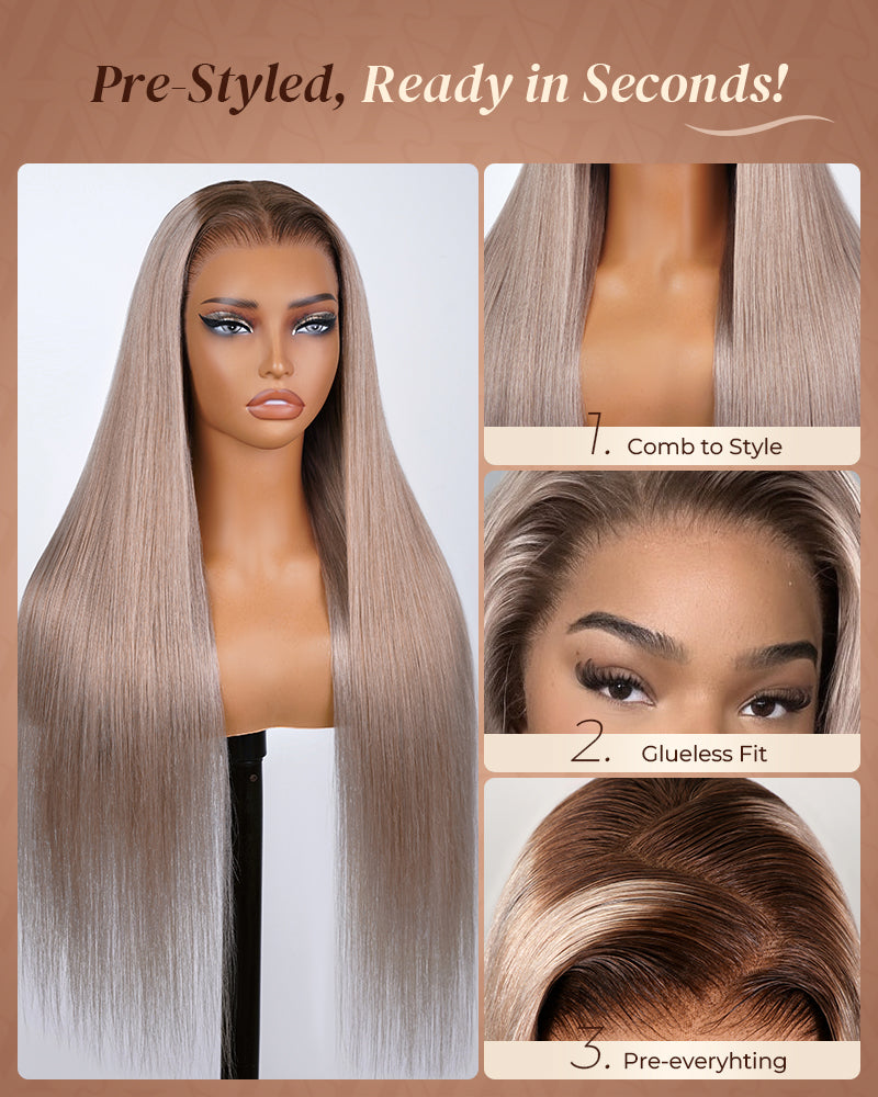 【$299 = 2 WIGS】Arabella 13x6 Three-Go™ Ash Blonde Ombre Glueless Wig Silky Straight With Drawstring 100% Human Hair Wig