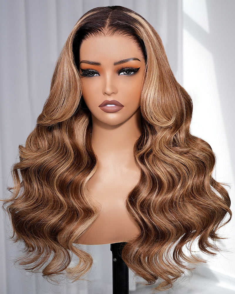 Mannequin front view: ombre honey blonde body wave 13x6 lace front wig