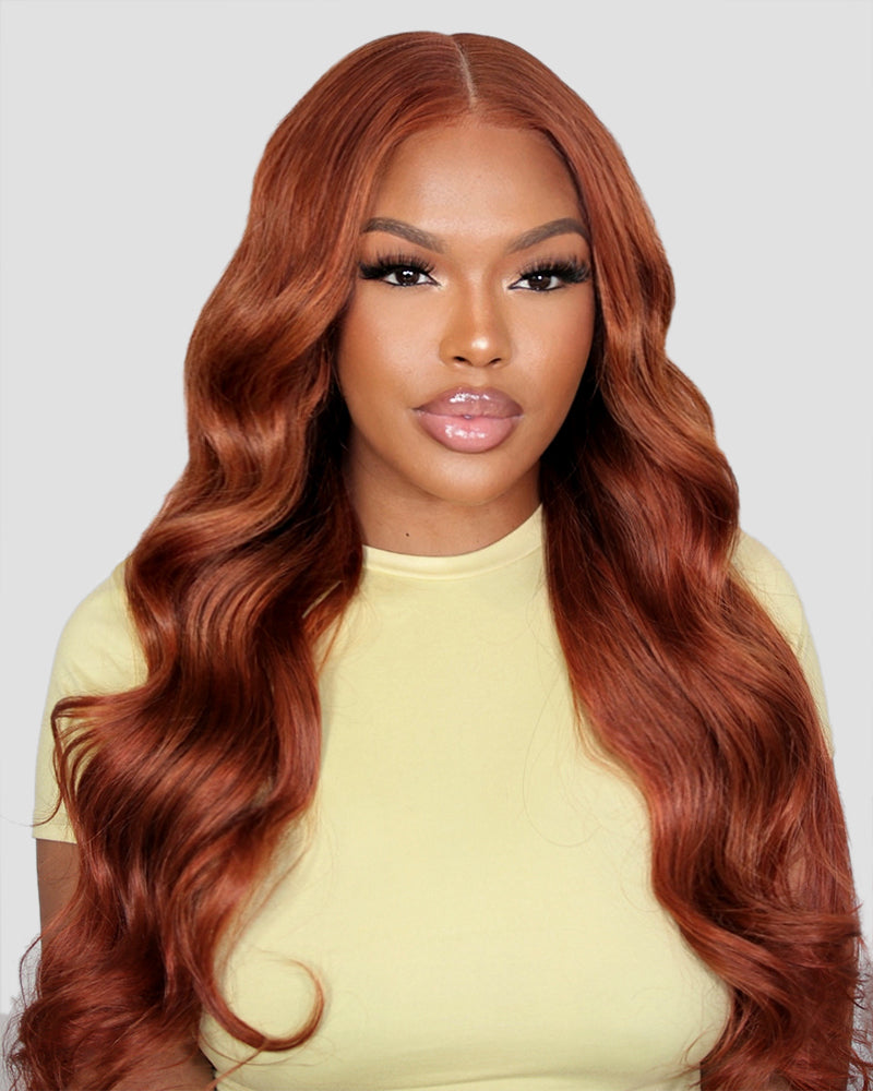 Arabella dark ginger glueless wig—woman front view, loose body wave human hair