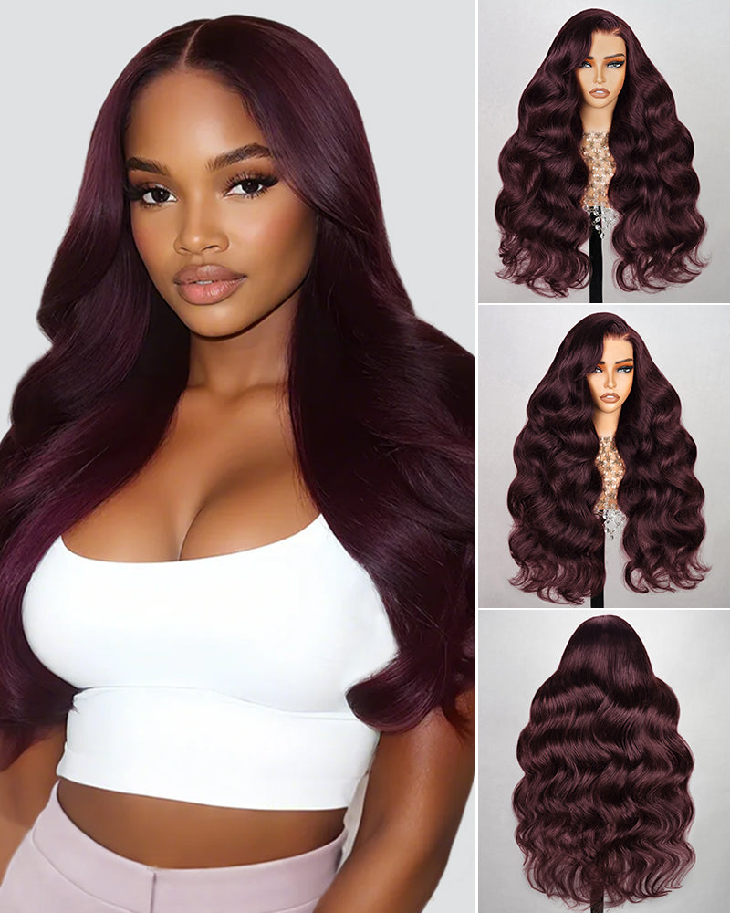 Arabella 13x4 Frontal Lace & 6x5 Invisible Knots Glueless Dark Plum Body Wave Wig Invisible Knots Realistic Hairline