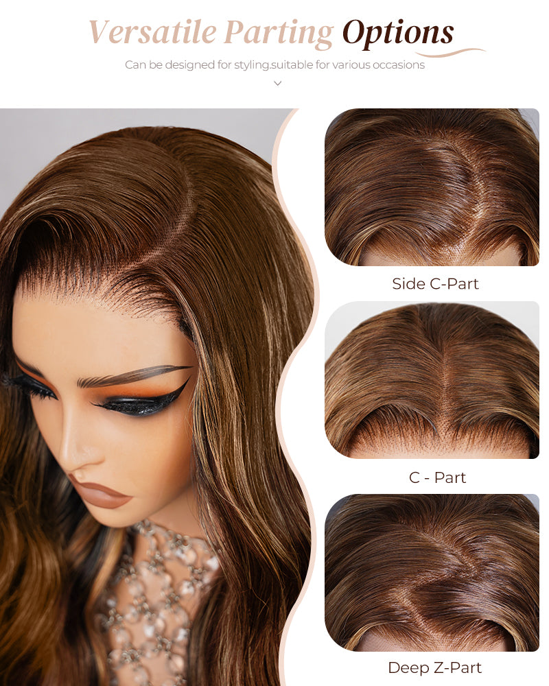 Arabella 6x5 Invisible Knots Glueless Brown Ombre Highlights Loose Body Wave Wig Pre-cut Lace Beginner Friendly