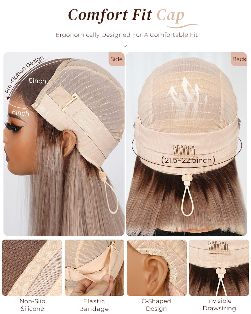 Arabella 6x5 invisible knots Glueless Ash Blonde Ombre Straight Bob Wig Pre-cut Lace Beginner Friendly