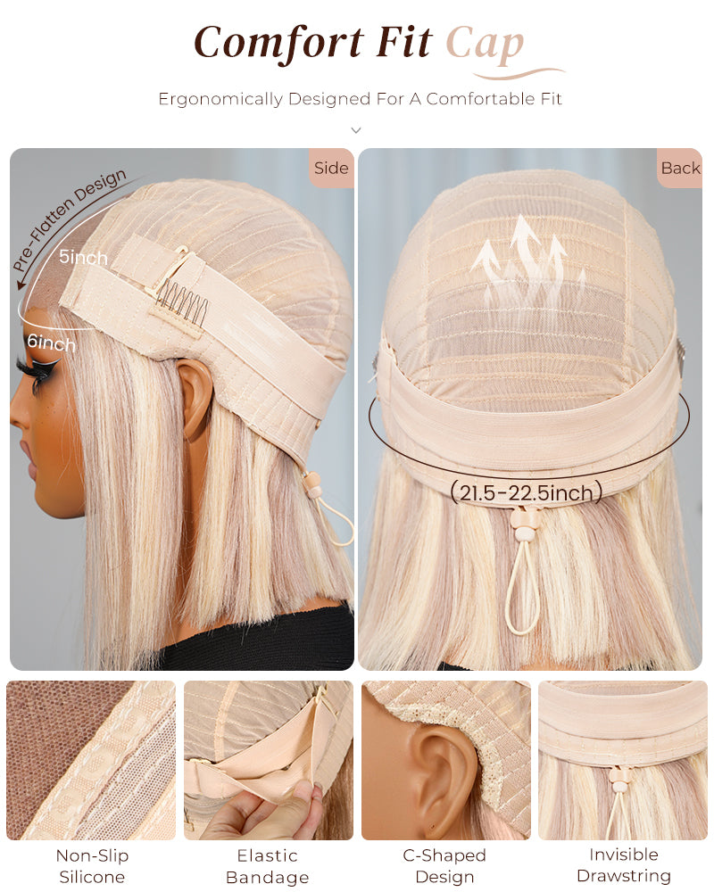 Arabella 6x5 Invisible Knots Glueless Blonde Highlight Straight Bob Wig Pre-cut Lace Beginner Friendly