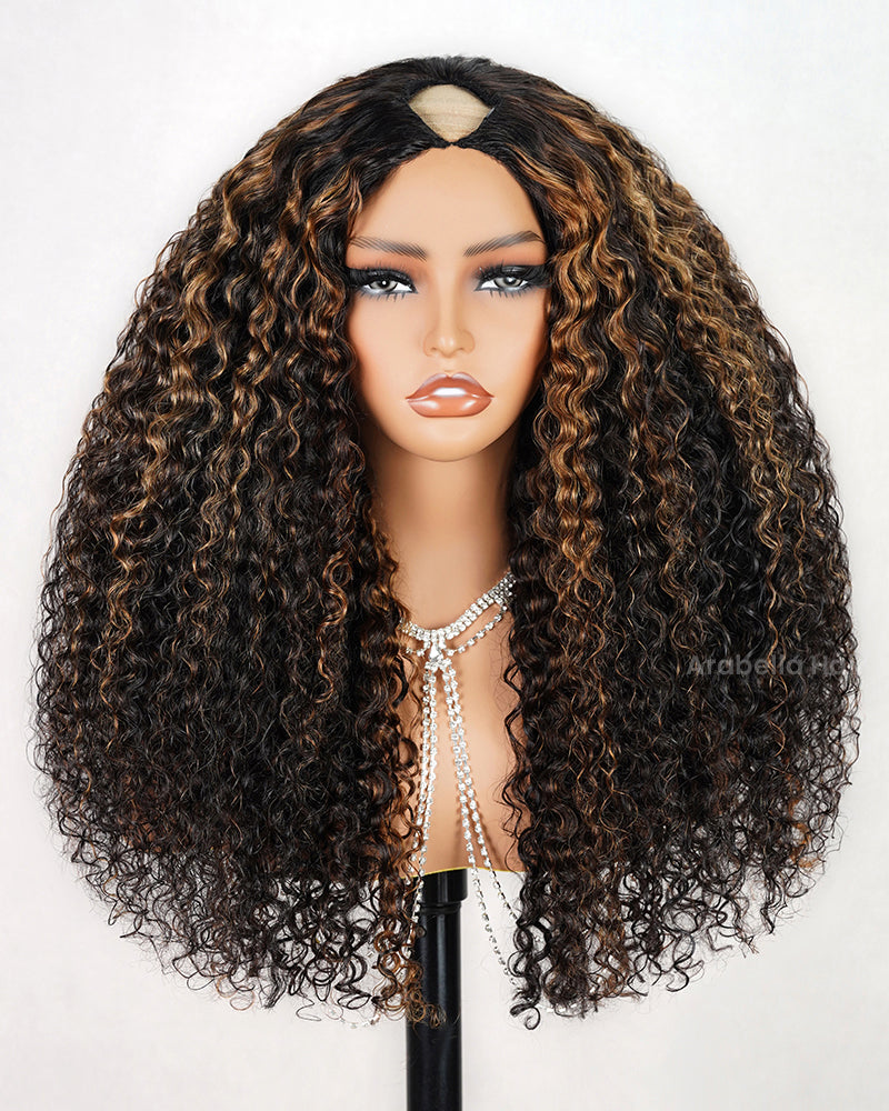 Arabella V-Part Lace Glueless Auburn Highlights on Black Hair Jerry Curly Wig Invisi Drawstring Clip & Go