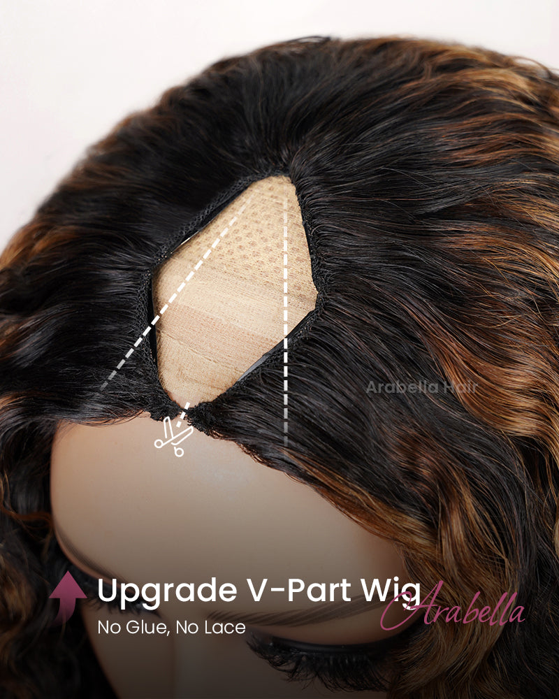 Arabella V-Part Lace Glueless Auburn Highlights on Black Hair Jerry Curly Wig Invisi Drawstring Clip & Go