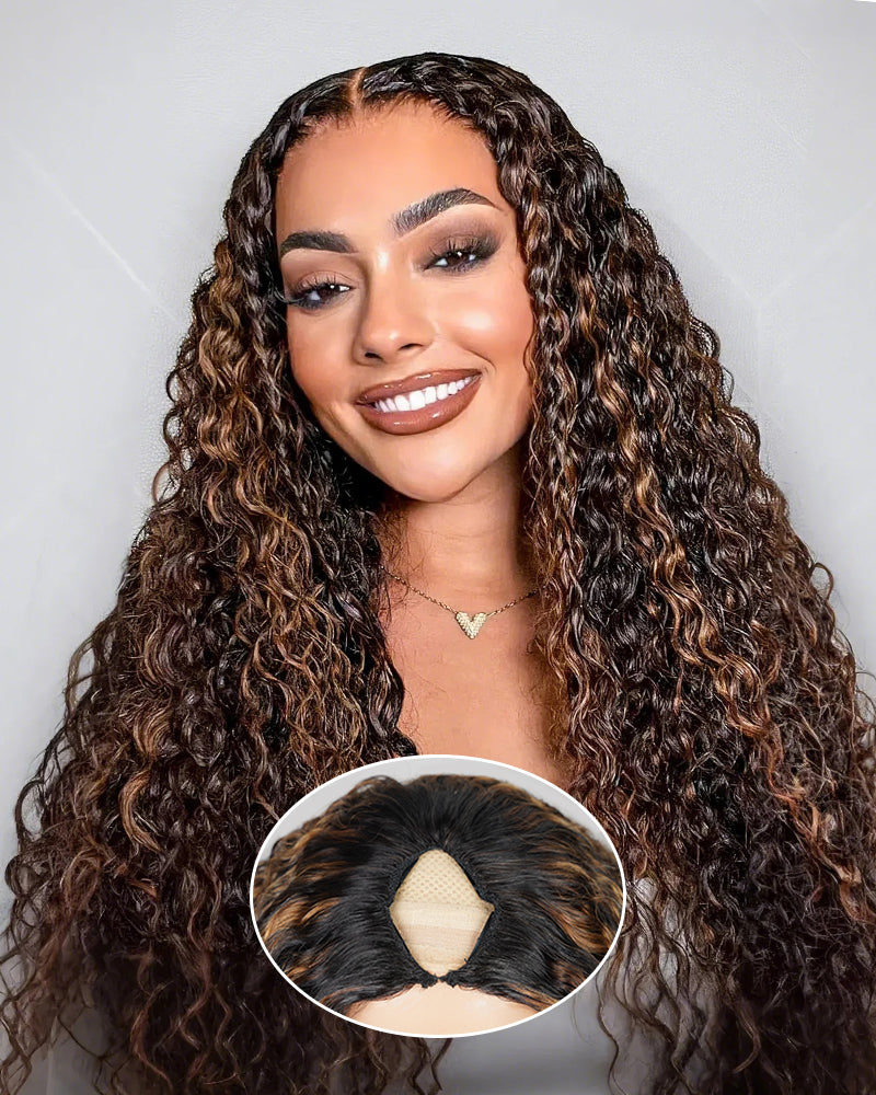 Arabella V-Part Lace Glueless Auburn Highlights on Black Hair Jerry Curly Wig Invisi Drawstring Clip & Go