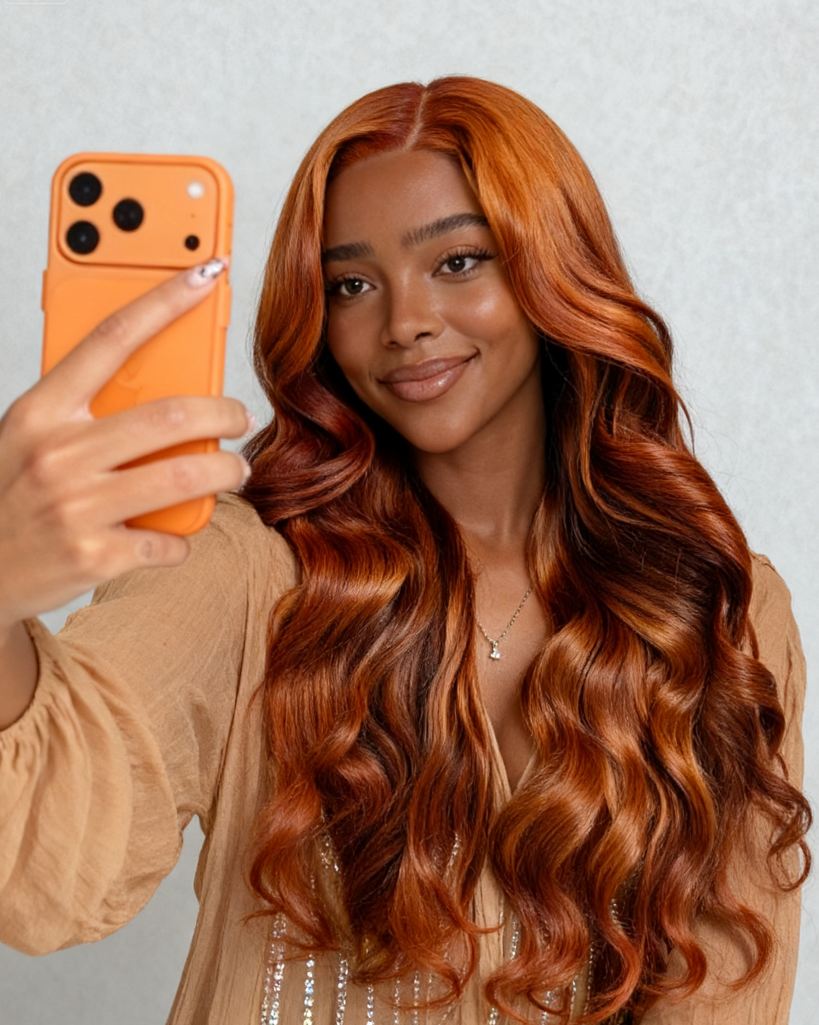 Arabella dark ginger loose body wave wig—woman selfie, glueless human hair