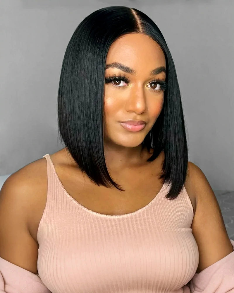 Arabella 6x5 Invisible Knots Glueless & 13x4 Frontal Lace Straight Bob Wig Pre-cut Lace Natural Black Beginner Friendly