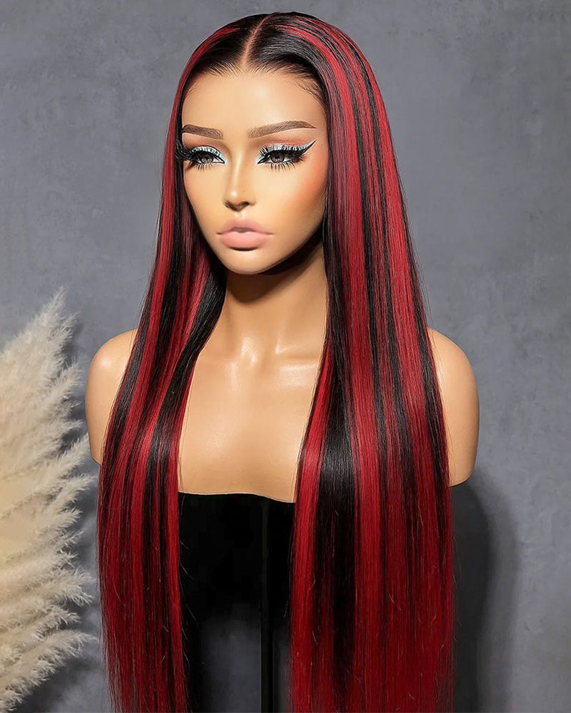 000$100-$50 | Arabella 13x4 Frontal Lace Red Highlight Straight Wig Invisible Knots Realistic Hairline