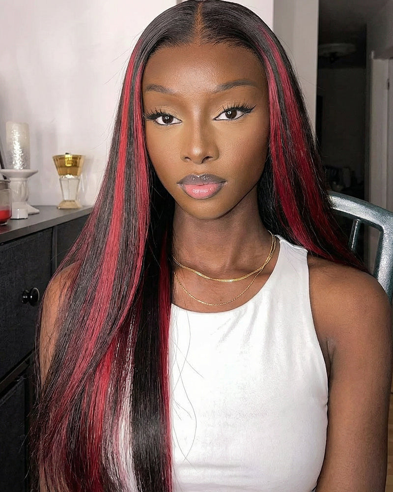 000$100-$50 | Arabella 13x4 Frontal Lace Red Highlight Straight Wig Invisible Knots Realistic Hairline