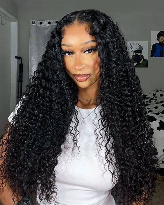 Deep Wave Natural Black Curly Glueless 4x4 Lace Human Hair Wigs