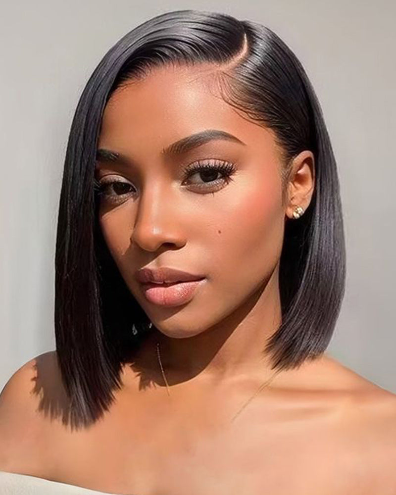 Free Bob Wig over $399 - Natural Black/Balayage Highlight Pre-Cut 6x5/6x6 Lace Human Hair Wig 6x6 T-Part Lace Natural Black Straight 12" Bob