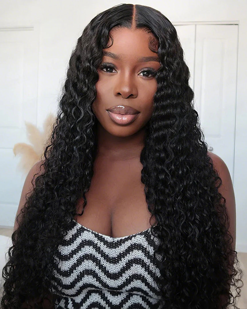 000Deep Wave Natural Black Curly Glueless 4x4 Lace Human Hair Wigs
