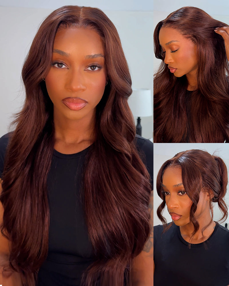 Arabella chocolate brown glueless body wave wig, multiple styling options