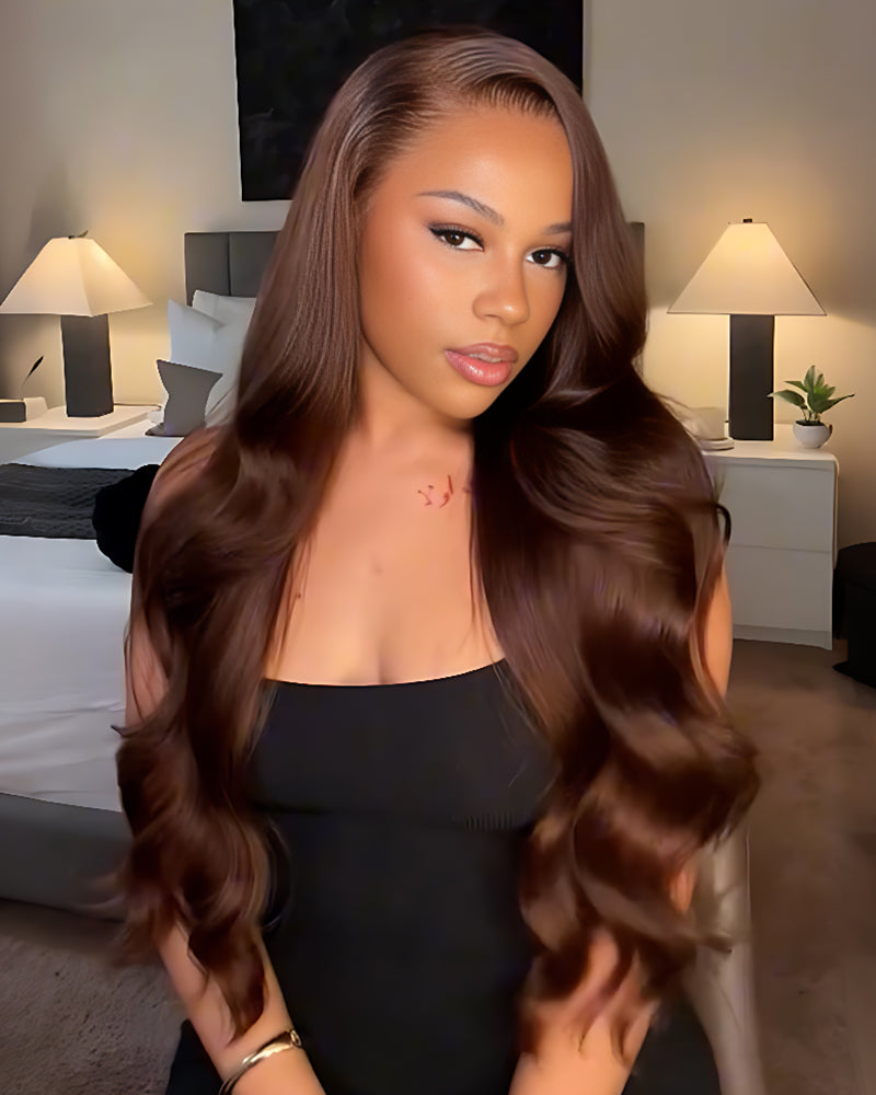Side view: Arabella chocolate brown body wave human hair wig on model