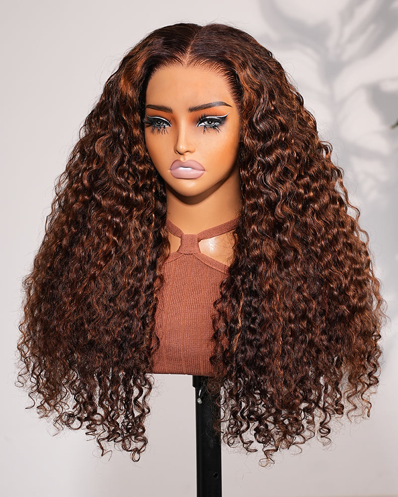 Arabella 13x6 Three-Go™ Glueless Wig Dark Brown Highlights Water Wave Finger Coil Ends With Drawstring
