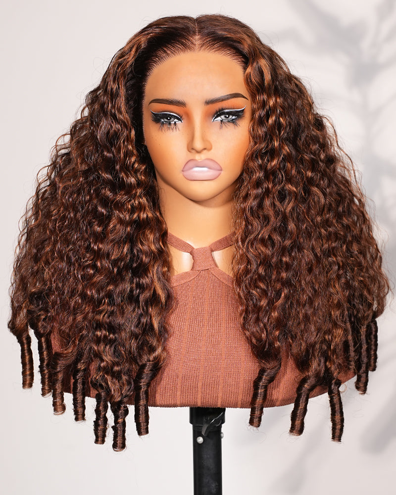 【$299 = 2 WIGS】Arabella 13x6 Three-Go™ Glueless Wig Dark Brown Highlights Burmese Curly With Drawstring