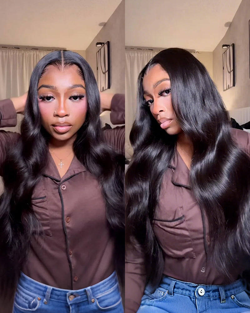 Front and side view: Glueless black body wave human hair wig, 13x6 lace front