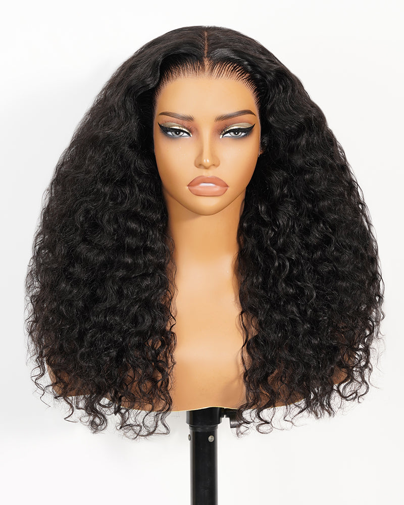 Natural black water wave: Natural black water wave wig with soft, defined curls and natural shine